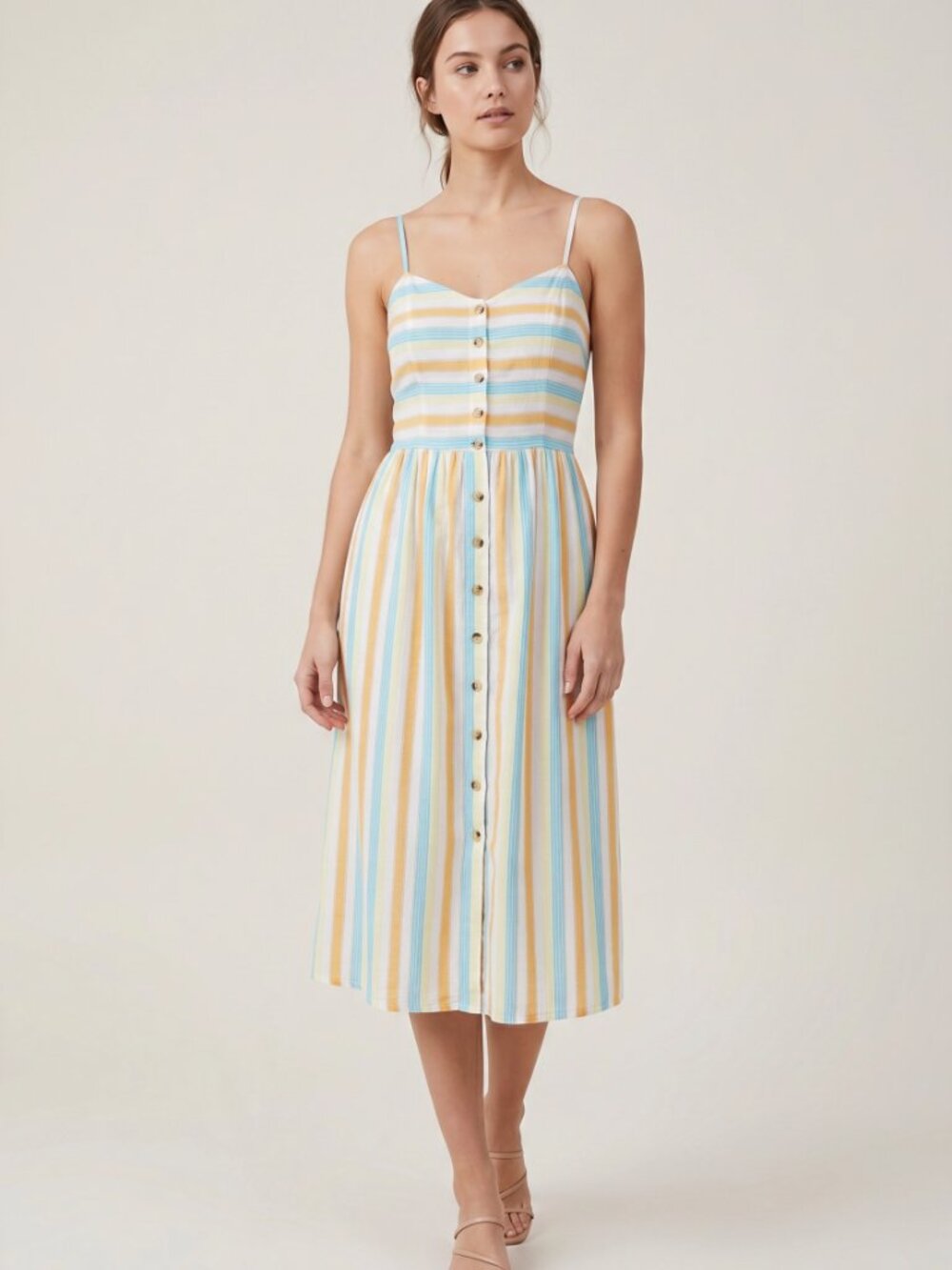 Striped Spaghetti-strap Dress in Yellow, Light Blue & White